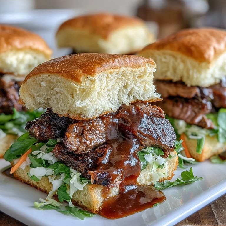 Savory, melt-in-your-mouth brisket sliders layered with crunchy slaw and rich BBQ sauce, served on golden, toasted slider buns for a crowd-pleasing bite.