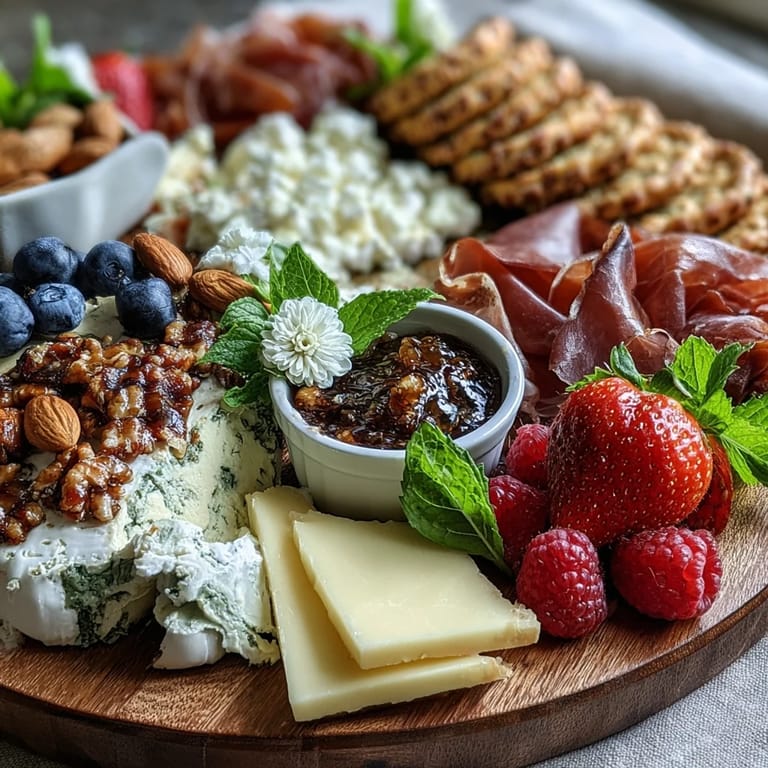 Elegant charcuterie board with edible flowers, assorted cheeses, and seasonal fruits—perfect for spring entertaining or garden parties.