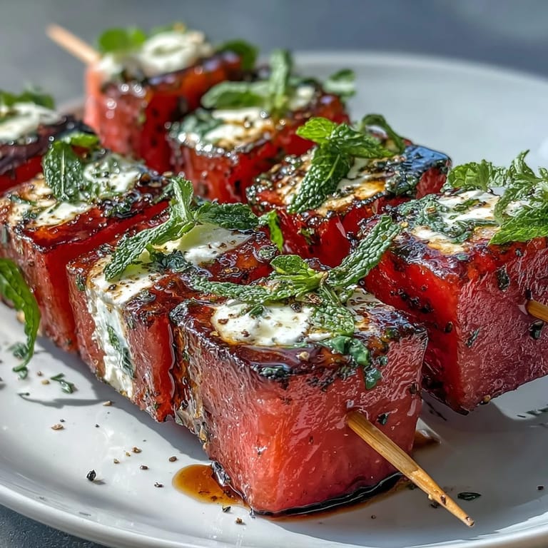 Chilled watermelon feta mint skewers garnished with black pepper, perfect for a refreshing summer appetizer.