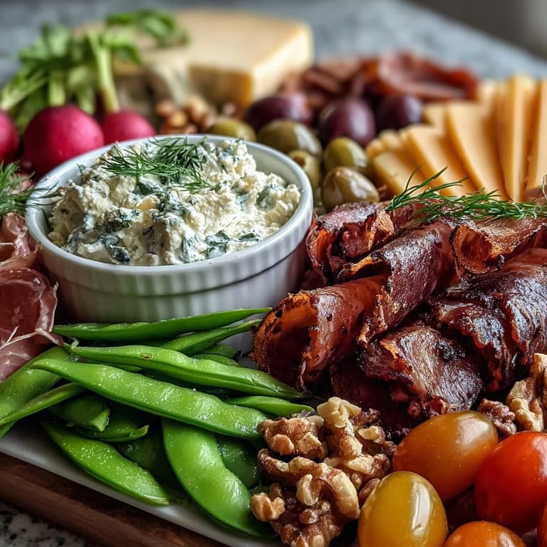 Vibrant Spring Charcuterie Board with Radishes, Peas, and Herb Dip showcasing crisp vegetables, savory cheeses, and a zesty homemade dip.