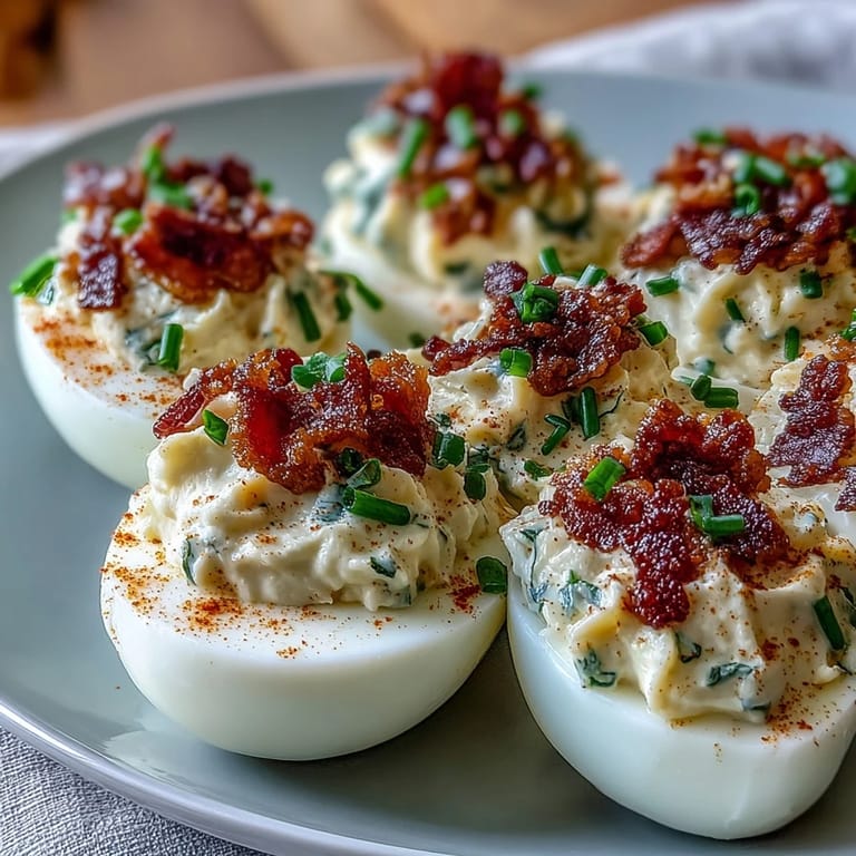 Classic deviled eggs get a flavor boost with smoky bacon, tangy ranch, and a sprinkle of paprika for color.