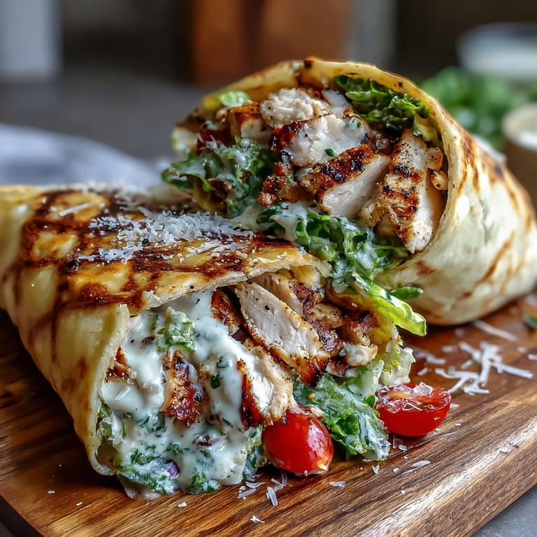 A hand holding a tightly rolled Garlic Naan Grilled Chicken Caesar Wrap, ready to bite into the savory, fusion-inspired meal.