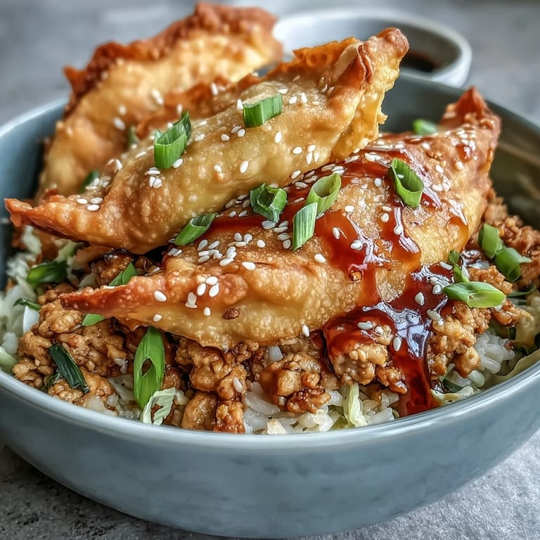 Served steaming hot with fresh green onions and sesame seeds, this Crispy Baked Egg Roll Chicken Bowl is ready to enjoy.