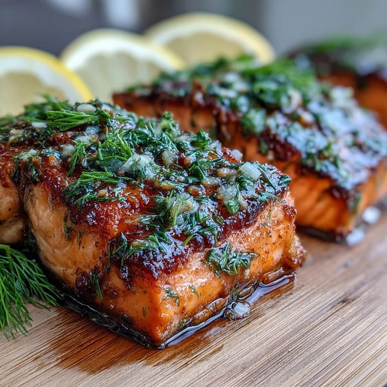 Herb-marinated salmon fillets rest on aromatic cedar planks, infused with garlic and fresh dill for a rustic summer feast.