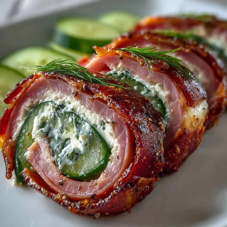 Close-up of savory ham-wrapped cream cheese and pickle pinwheels, a perfect gluten-free appetizer for gatherings.
