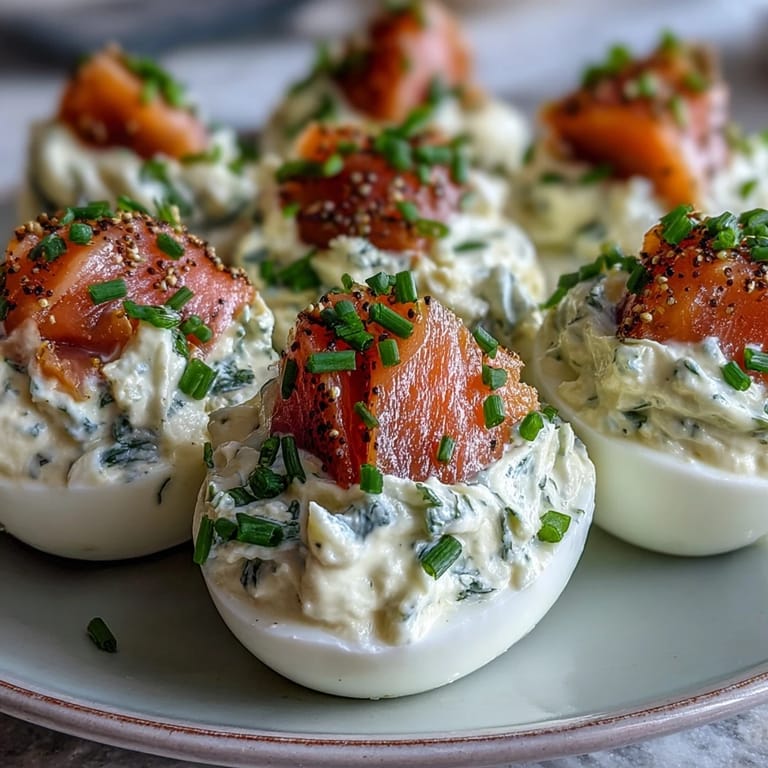 Elegant smoked salmon deviled eggs sprinkled with everything seasoning, perfect for brunch or holiday entertaining.