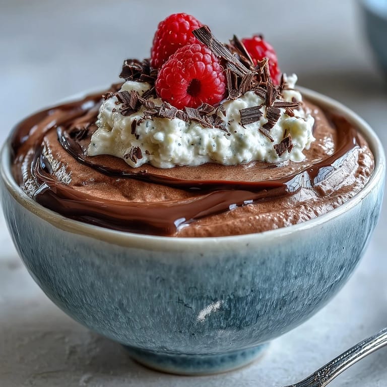 Smooth cottage cheese chocolate mousse with a velvety texture, served chilled in elegant glasses with a drizzle of maple syrup.