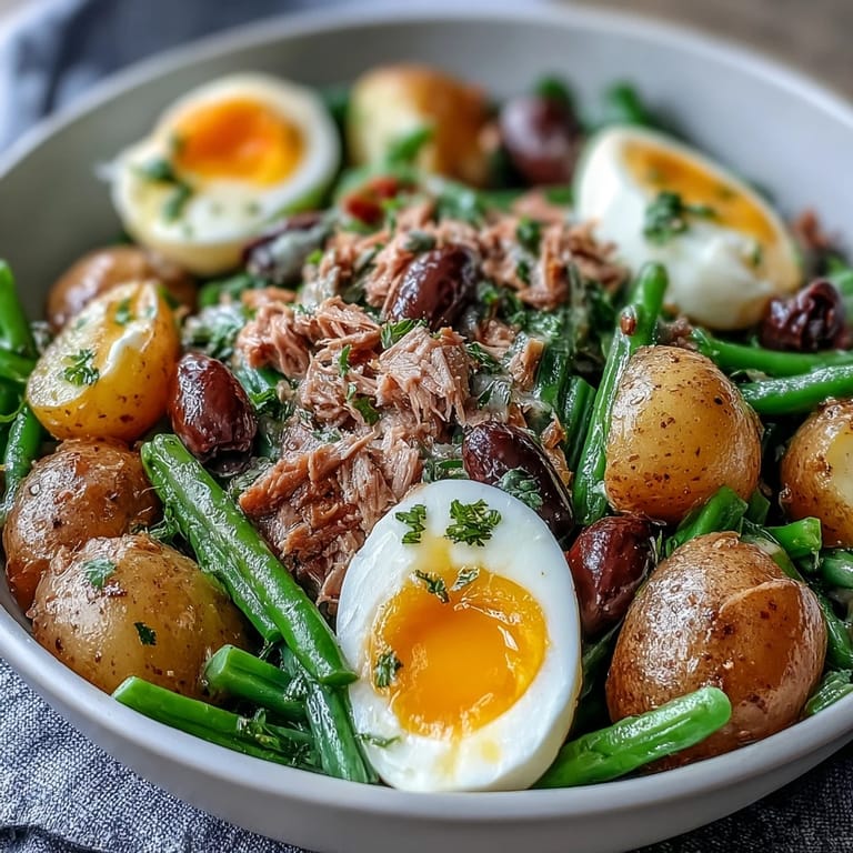 Vibrant spring Niçoise salad with crisp green beans, creamy potatoes, and perfectly soft-boiled eggs, served family-style.