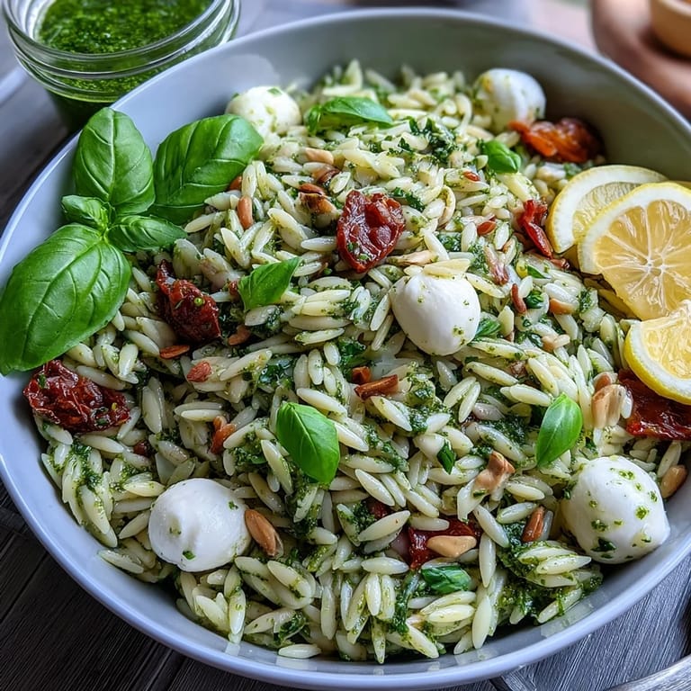 Chilled orzo salad featuring fragrant basil pesto, sweet cherry tomatoes, and soft mozzarella balls for a satisfying vegetarian meal.
