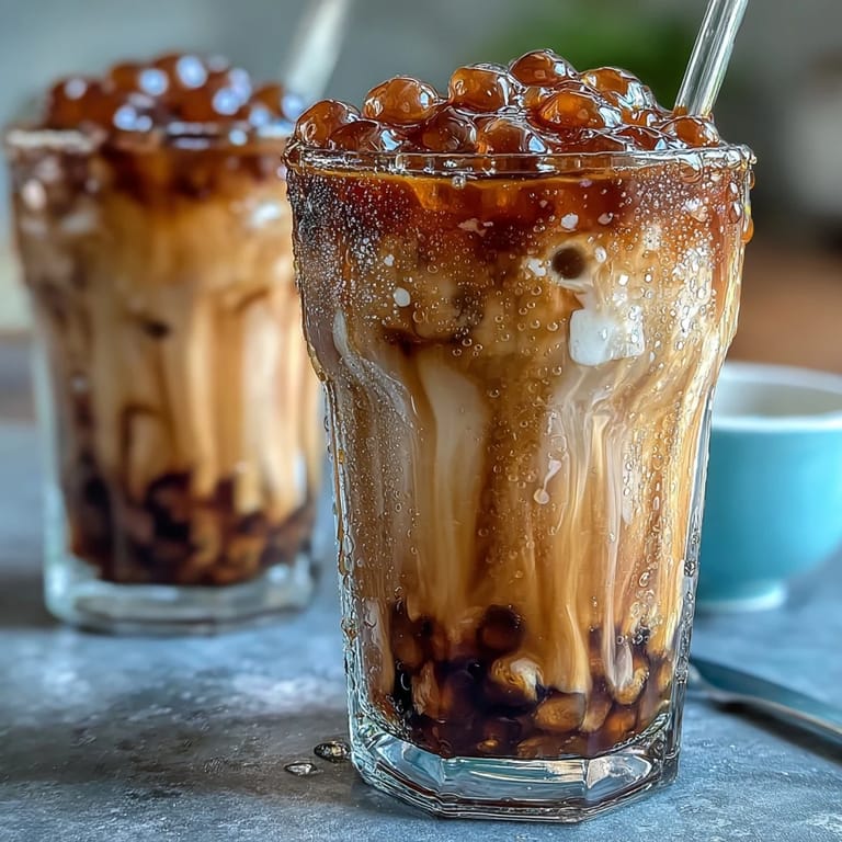 Refreshing brown sugar boba milk tea featuring tender tapioca pearls, creamy milk, and a swirl of dark brown sugar syrup in every sip.