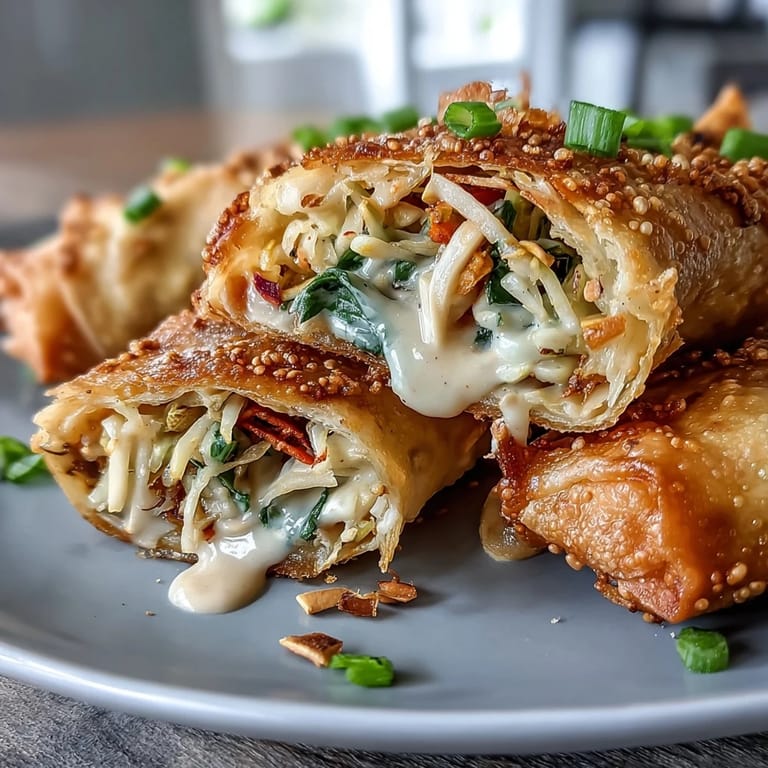Golden-brown spring rolls filled with crunchy vegetables and noodles, paired with a rich, spicy peanut sauce for dipping. A classic Asian appetizer.