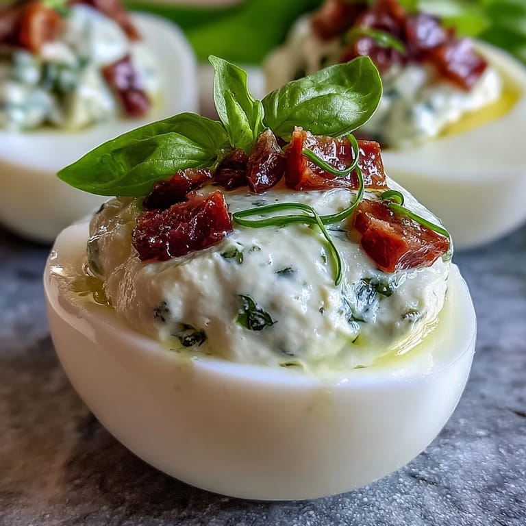 Vibrant Caprese Deviled Eggs topped with basil oil drizzle, cherry tomatoes, and mozzarella for an Italian appetizer.  