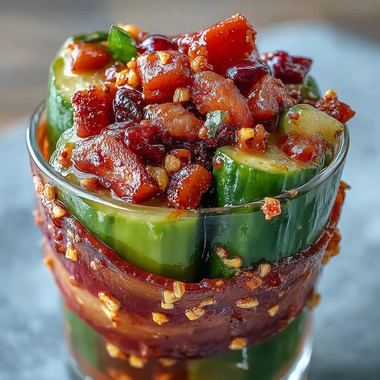 A colorful cup filled with spicy chamoy-drenched pickles, fruity candy accents, and a sprinkle of Tajín for extra zing.
