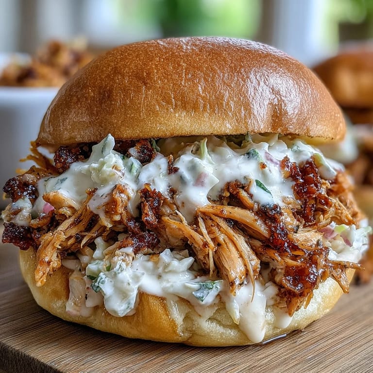 Juicy smoked pulled chicken smothered in tangy white BBQ sauce, served on toasted buns for a smoky, savory sandwich experience.  