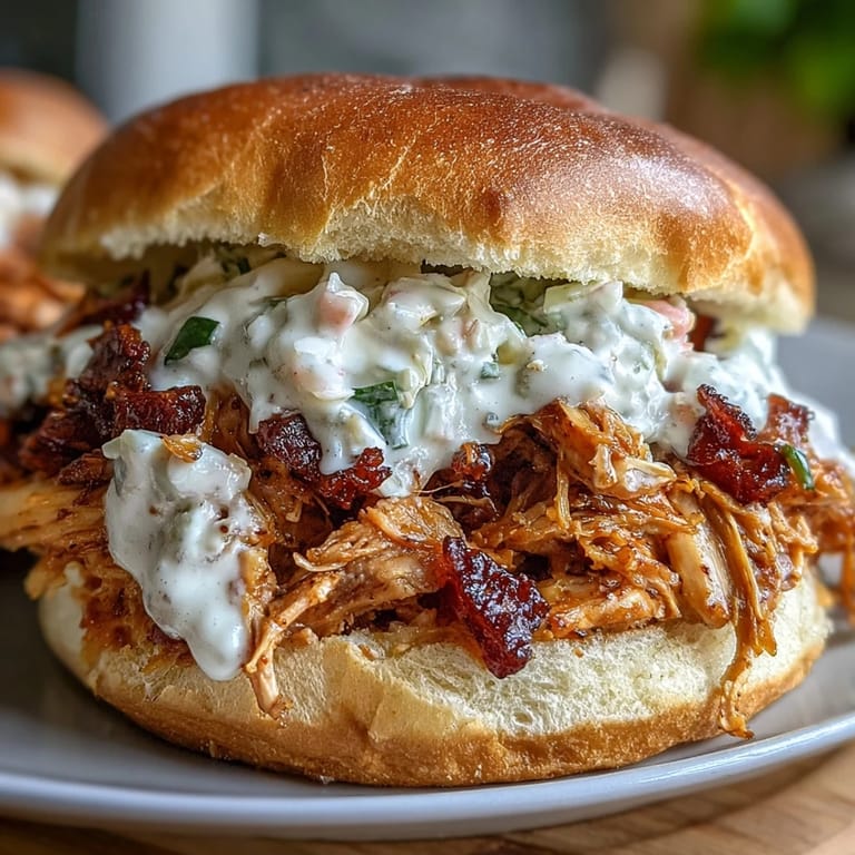 Tender smoked pulled chicken layered on buns and drizzled with zesty white BBQ sauce, offering a perfect balance of smoke and tang.