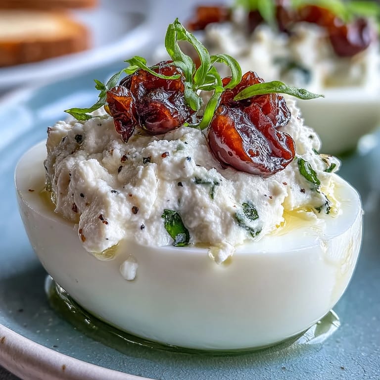 A close-up of Caprese Deviled Eggs with Basil Oil and Tomato, showcasing colorful toppings and rich yolk filling.