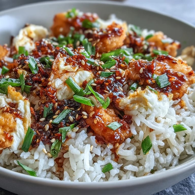 Aromatic garlic and scallion-infused egg fried rice topped with chili crisp, sesame seeds, and a side of extra chili oil for spice lovers.