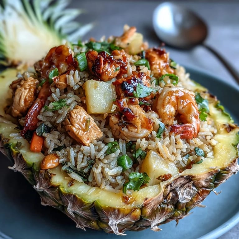 Aromatic jasmine rice stir-fried with sweet pineapple chunks, crisp bell peppers, and tender chicken, garnished with fresh cilantro and crunchy cashews.