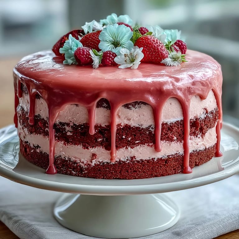 Soft pink Rosé Velvet Cake adorned with flowing gold shimmer for celebrations.
