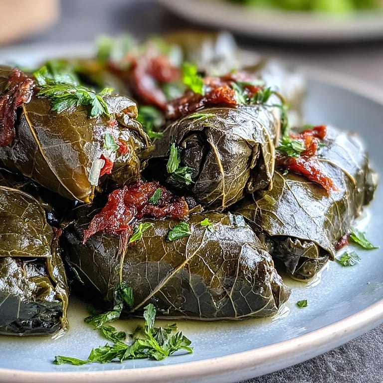 Fragrant Kurdish dolma, rice-filled grape leaves, a delicious, vibrant mezze spread presentation.