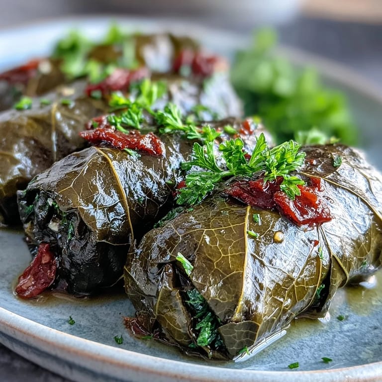 Flavorful Kurdish dolma, soft grape leaves showcasing a zesty herb and rice stuffing beautifully.