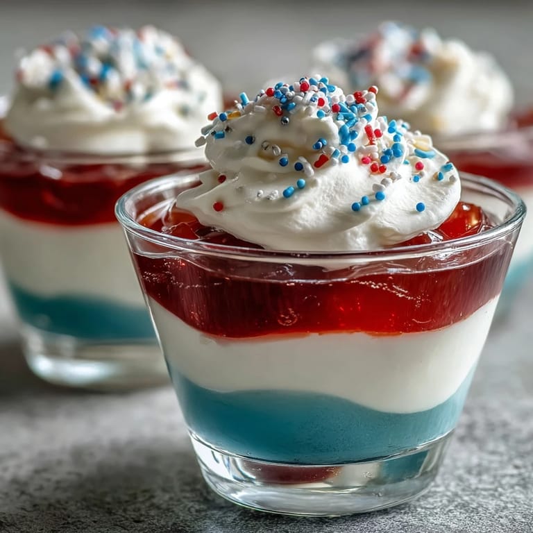 Brightly layered 4th of July Firecracker Jello Shots look fun to eat.