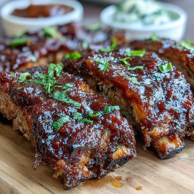 Show-stopping Father's Day BBQ Rib Board, served with three delicious dipping sauces.
