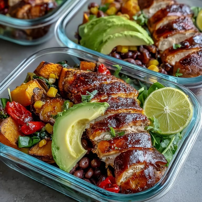 Healthy, grilled BBQ chicken meal prep bowls packed with colorful, fresh ingredients.
