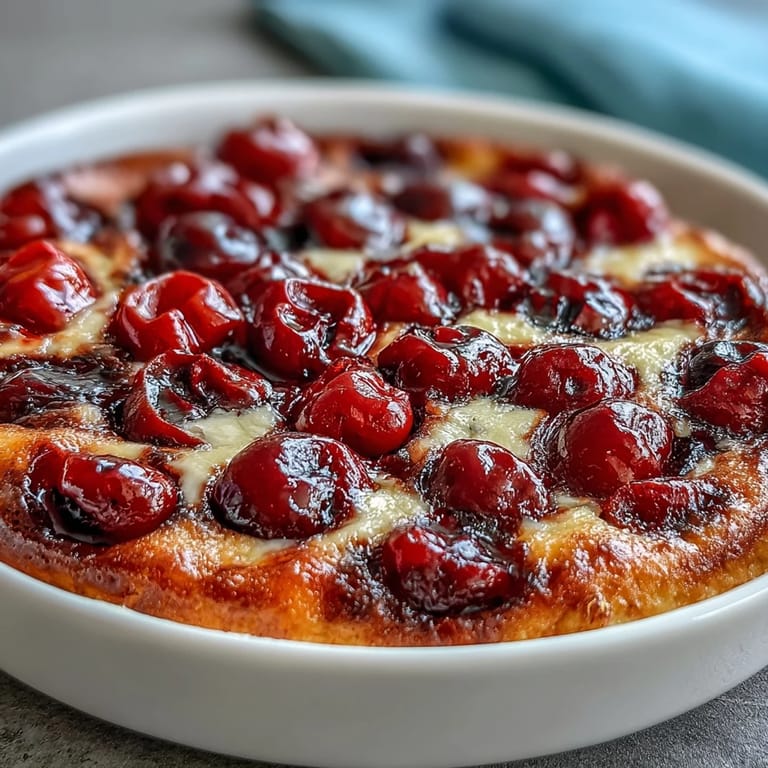 Warm Fresh Cherry Clafoutis, golden brown with tender cherries and vanilla aroma.