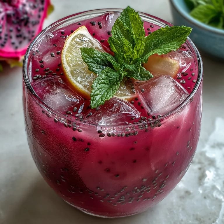A tall glass of Dragon Fruit Lemonade with Chia Seeds, topped with mint.