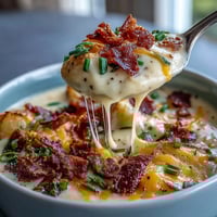 Creamy Loaded Potato Soup topped with crispy bacon, melted cheddar, and fresh green onions in a rustic bowl.