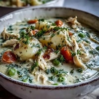 Creamy Chicken Pot Pie Soup steaming in a white bowl, topped with fresh parsley and cracked pepper.