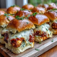 Golden, cheese-topped Pesto Chicken Parmesan Sliders on a serving platter with a bowl of extra marinara for dipping.