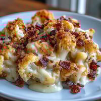Creamy keto mac and cheese with roasted cauliflower and crispy bacon crumbs baked to golden perfection.  