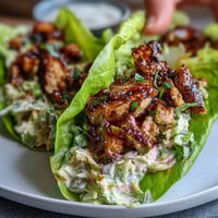 High-protein BBQ chicken lettuce wraps with tangy slaw served on crisp butter lettuce leaves for a healthy, low-carb meal prep option.