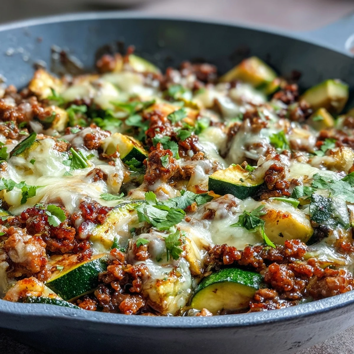 One-Pot Turkey Taco Zucchini Skillet with lean ground turkey, fresh zucchini, and melted cheddar in a vibrant Tex-Mex skillet dinner.  