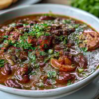 Hearty ham and red bean soup with smoky ham hock, creamy beans, and classic Creole spices in a rustic pot.