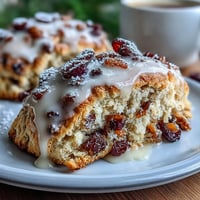 Golden scones bursting with candied orange peel and tart cranberries, drizzled with a sweet orange glaze for a festive Valentine's treat.
