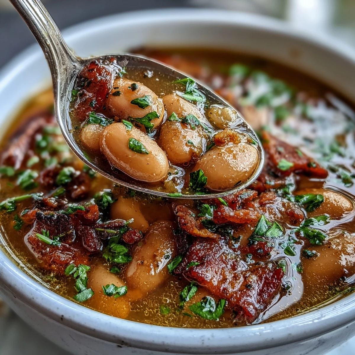A steaming bowl of Ham Bone Bean Soup with Smoky Paprika, rich with tender beans and savory ham, garnished with fresh parsley.