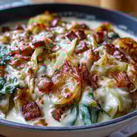 Creamy Cabbage and Ham Skillet with tender cabbage and savory ham in a rich, cheesy sauce, perfect for a comforting low-carb dinner.
