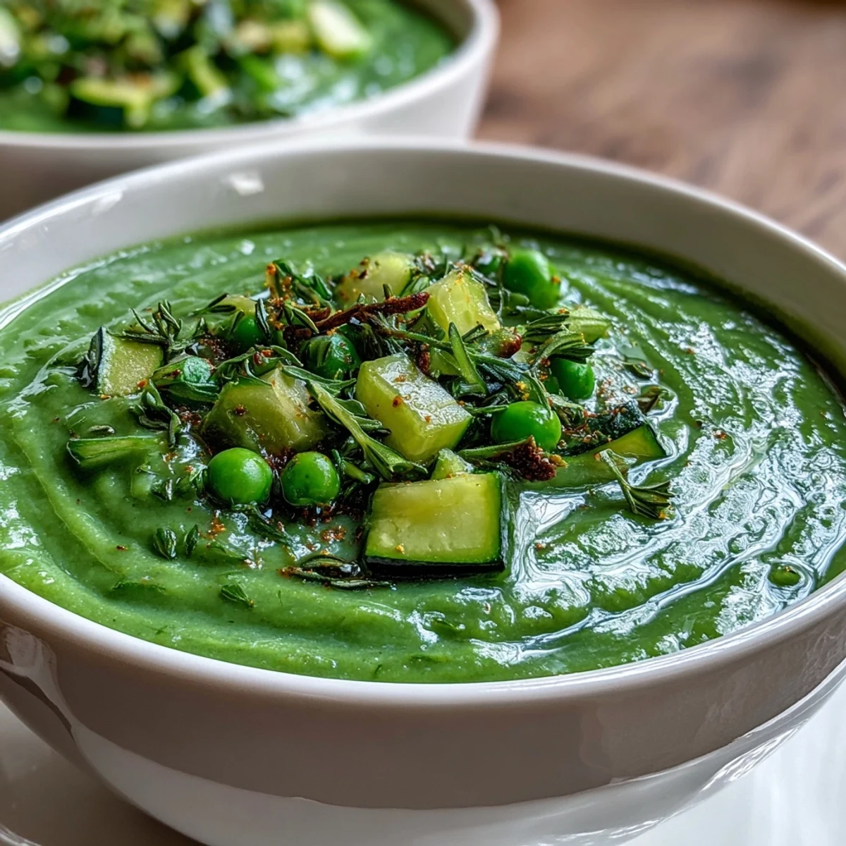 A vibrant green detox vegetable soup with zucchini, peas, and fresh herbs, perfect for a healthy meal.  