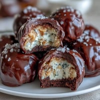 Creamy peanut butter and cottage cheese bites dipped in dark chocolate and topped with crunchy peanuts.  