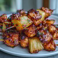 Air fryer chicken pineapple bites are golden and juicy, with sweet pineapple chunks and tender chicken on mini skewers for easy snacking.