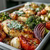 Healthy 5-Ingredient Sheet Pan Chicken and Veggies with tender chicken breasts and colorful roasted vegetables, perfectly seasoned and caramelized for a quick, nutritious dinner.