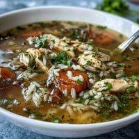 Hearty one-pot chicken and rice soup with tender chicken, vegetables, and fluffy rice simmering in savory broth.  