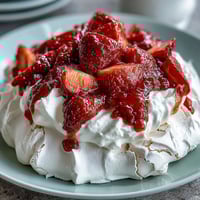 1. Strawberry Pavlova with Whipped Cream: a crisp meringue nest topped with fluffy whipped cream and juicy fresh strawberries for a delightful dessert.  