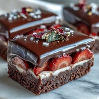Gourmet chocolate bark with swirls of dark and white chocolate, topped with fresh strawberries and pistachios.