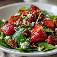 Fresh strawberry spinach salad with poppyseed dressing, vibrant with juicy berries and crisp greens.  