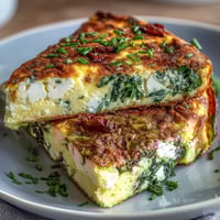 Fluffy spinach and feta frittata loaded with sun-dried tomatoes, perfect for a savory Mediterranean brunch or light dinner.  
