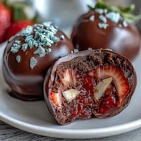 Elegant strawberry truffles with rosewater and cardamom, enrobed in glossy dark chocolate, garnished with crushed pistachios.